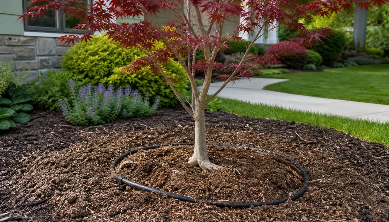 ornamental tree mulch ring with drip irrigation and compost around a visible root flare