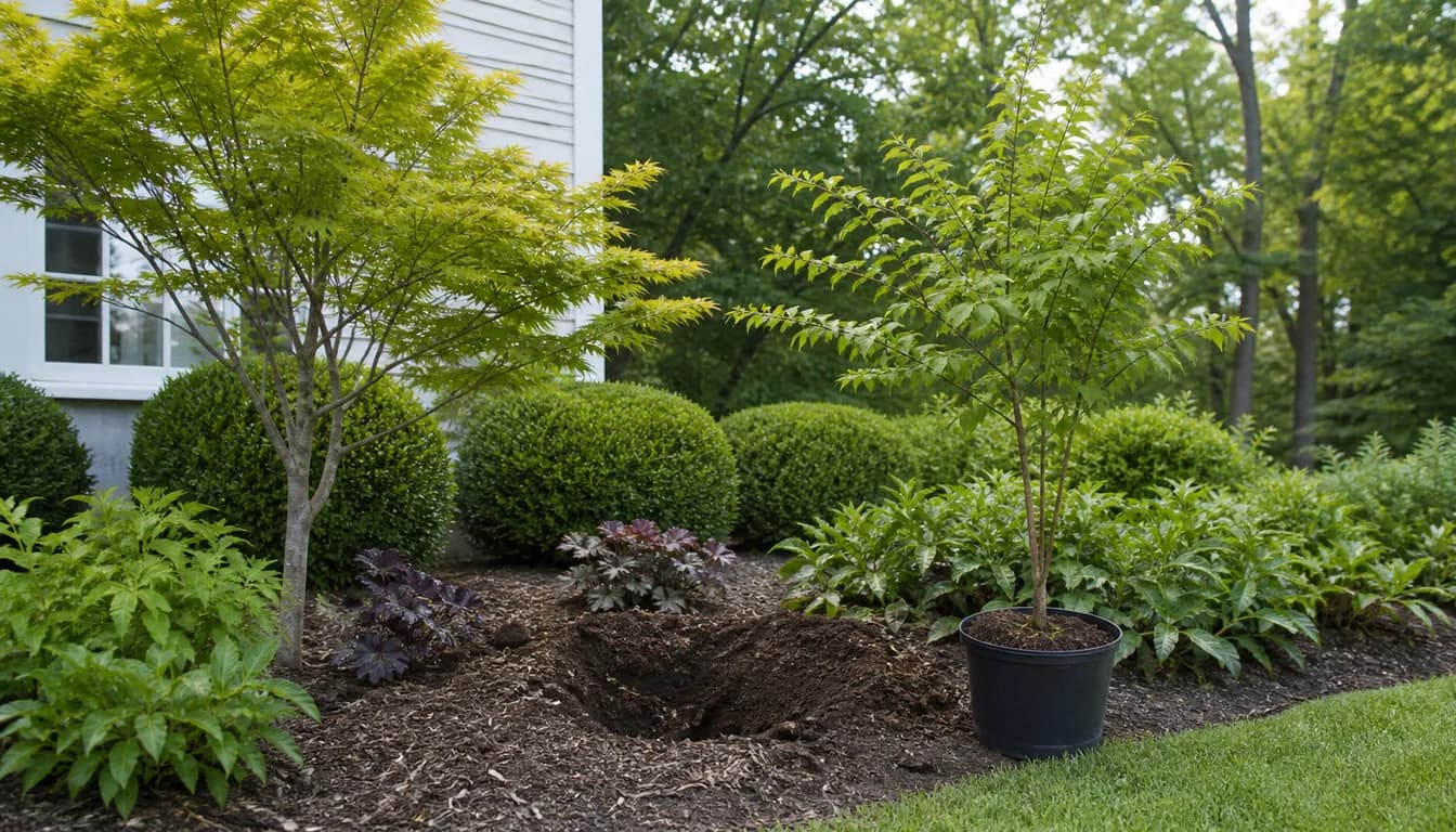 open ornamental tree planting gap with a replacement young tree in a plain pot nearby