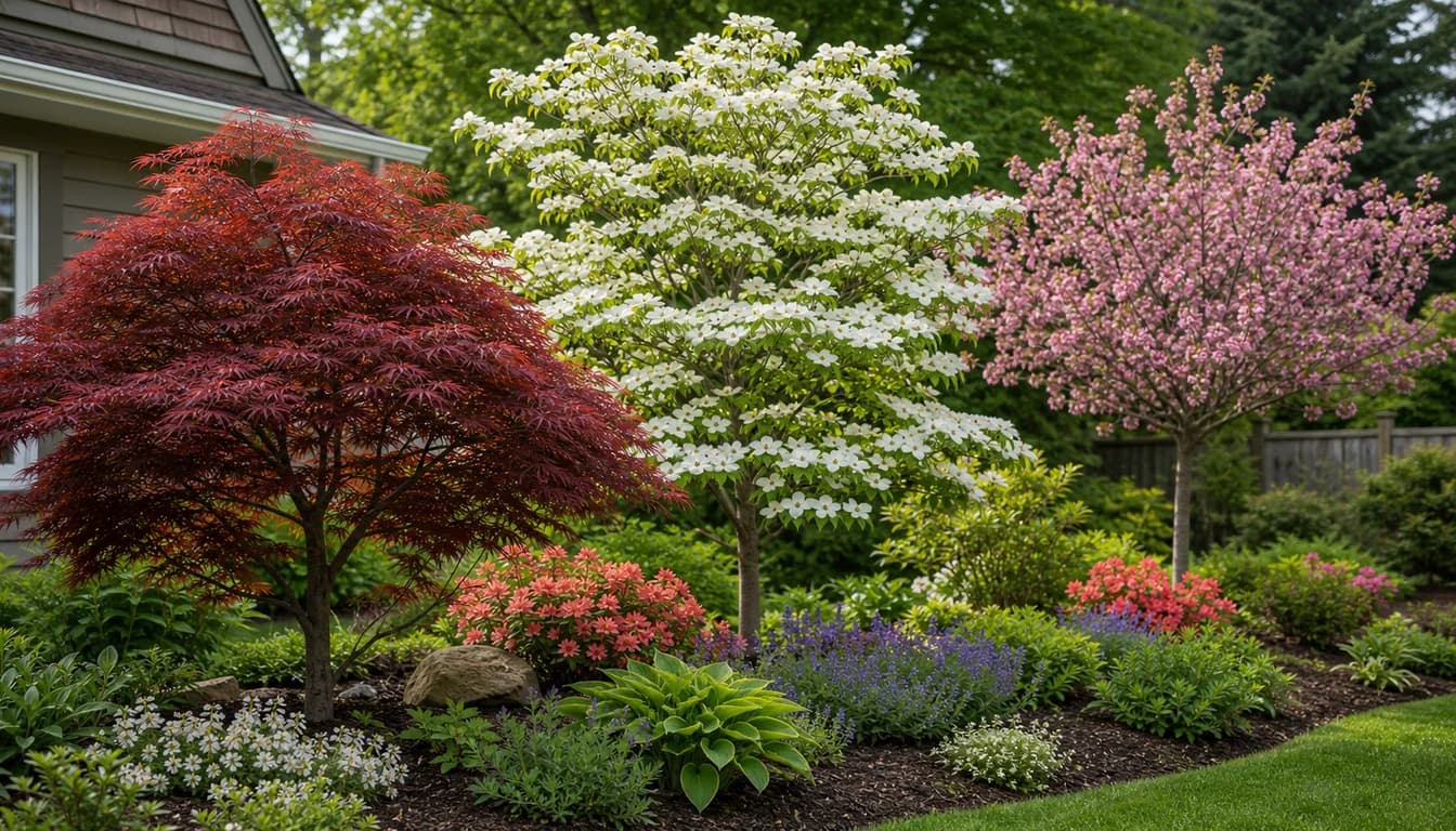 Ornamental flowering tree with layered branches as a landscape focal point