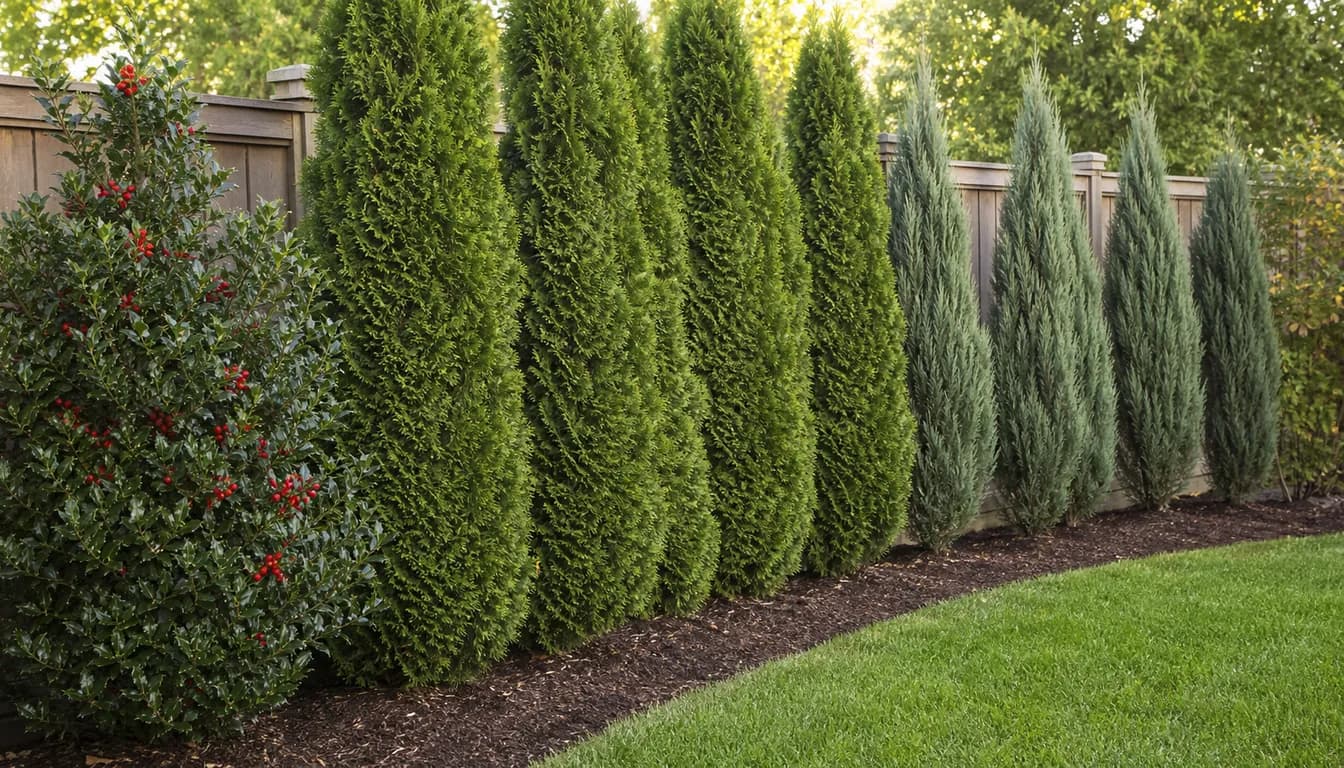evergreen privacy trees forming a living screen along a backyard fence