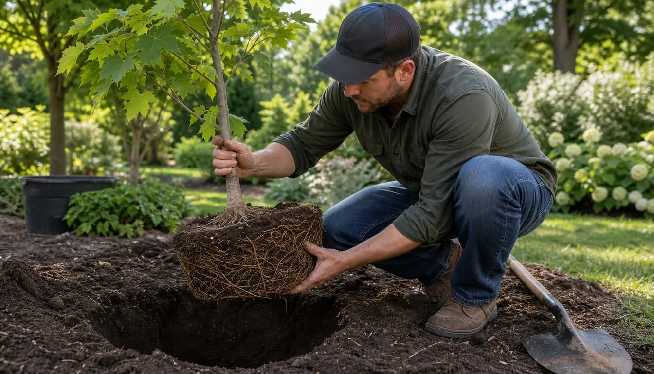 young shade tree root flare and root ball inspected beside a broad planting hole