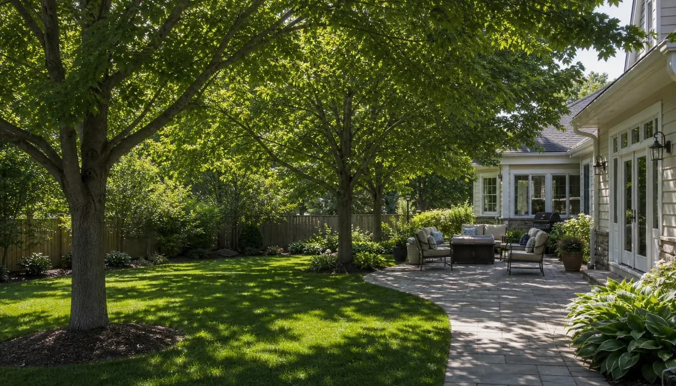 shade-tree layout around a patio with dappled canopy shade on the seating area