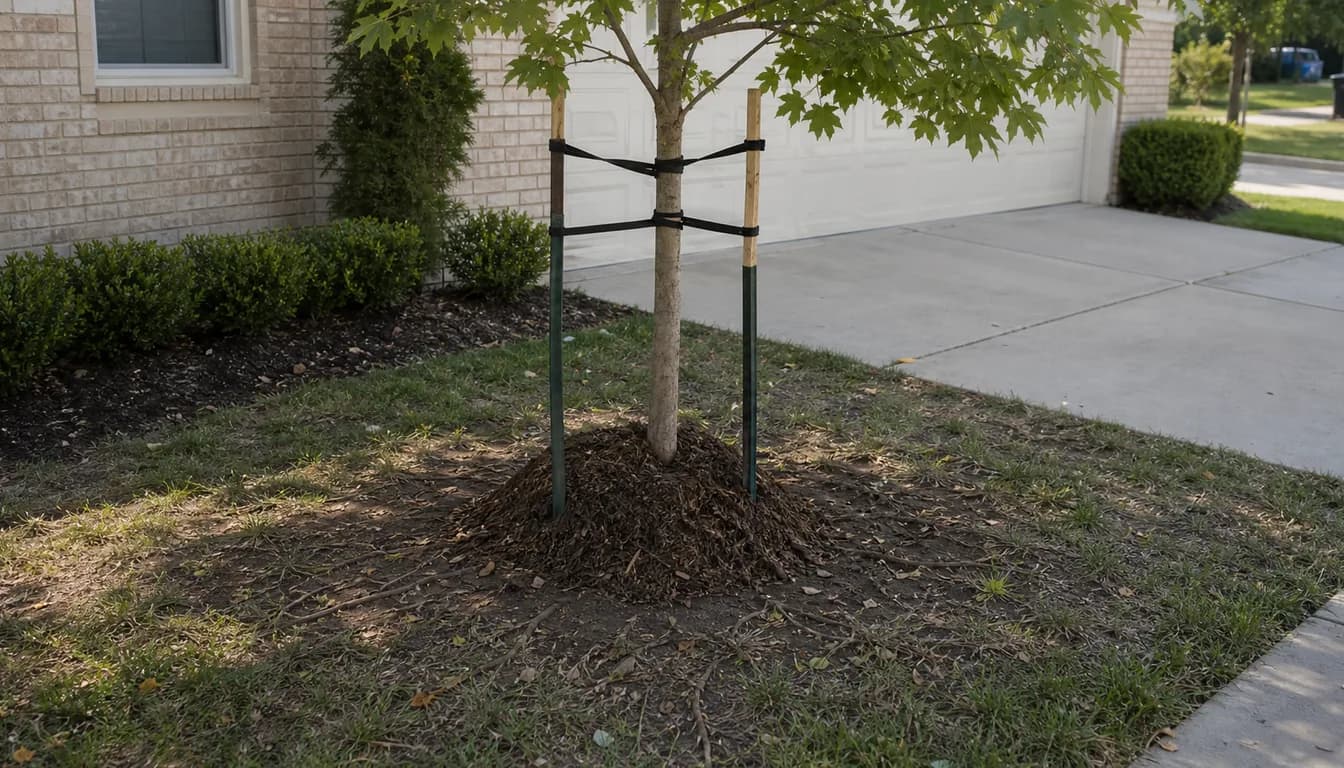 young shade tree planted too close to a house with tight staking and trunk mulch