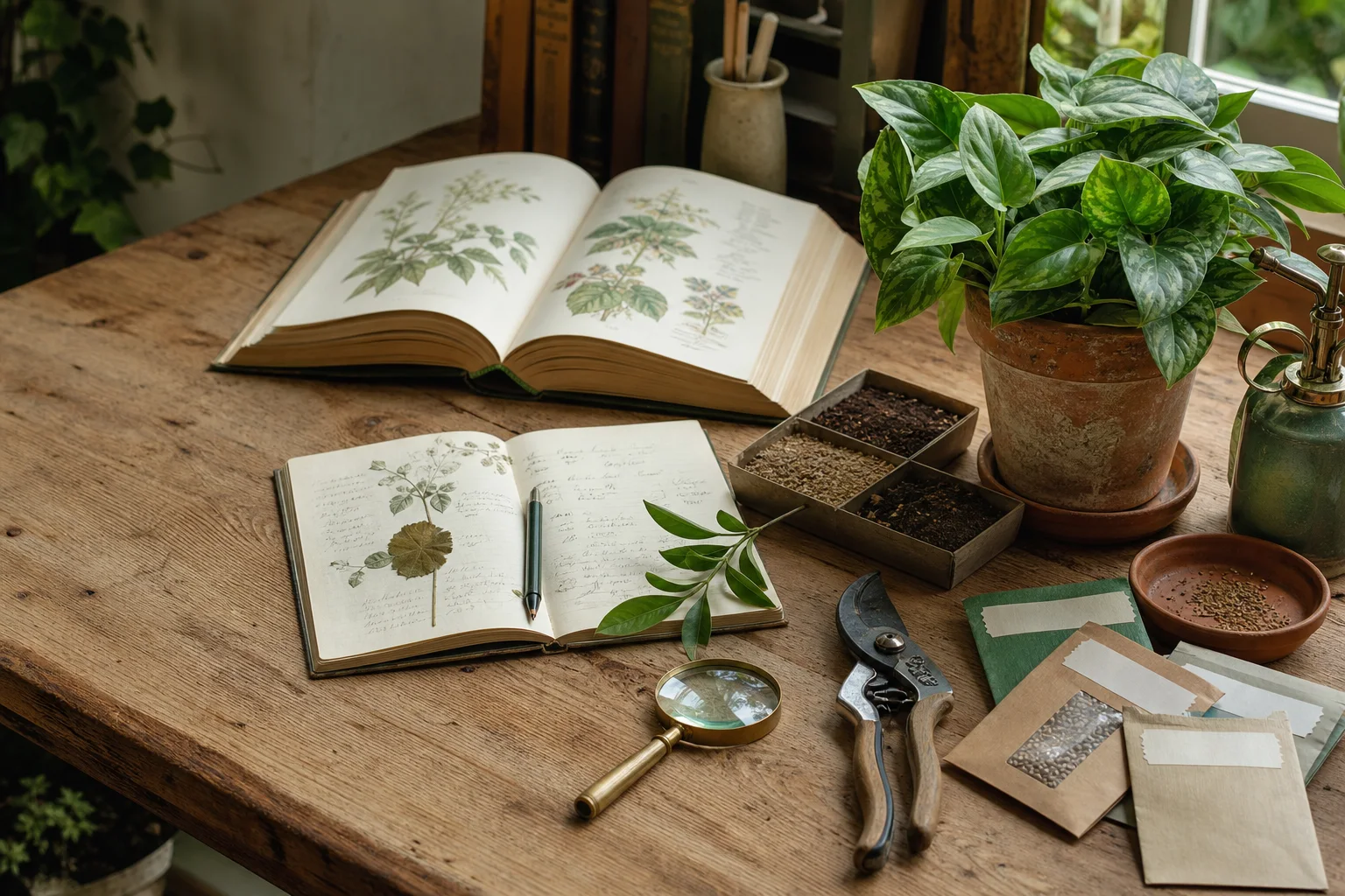 Garden research workspace with field guides, plant notes, a potted plant, and hand tools