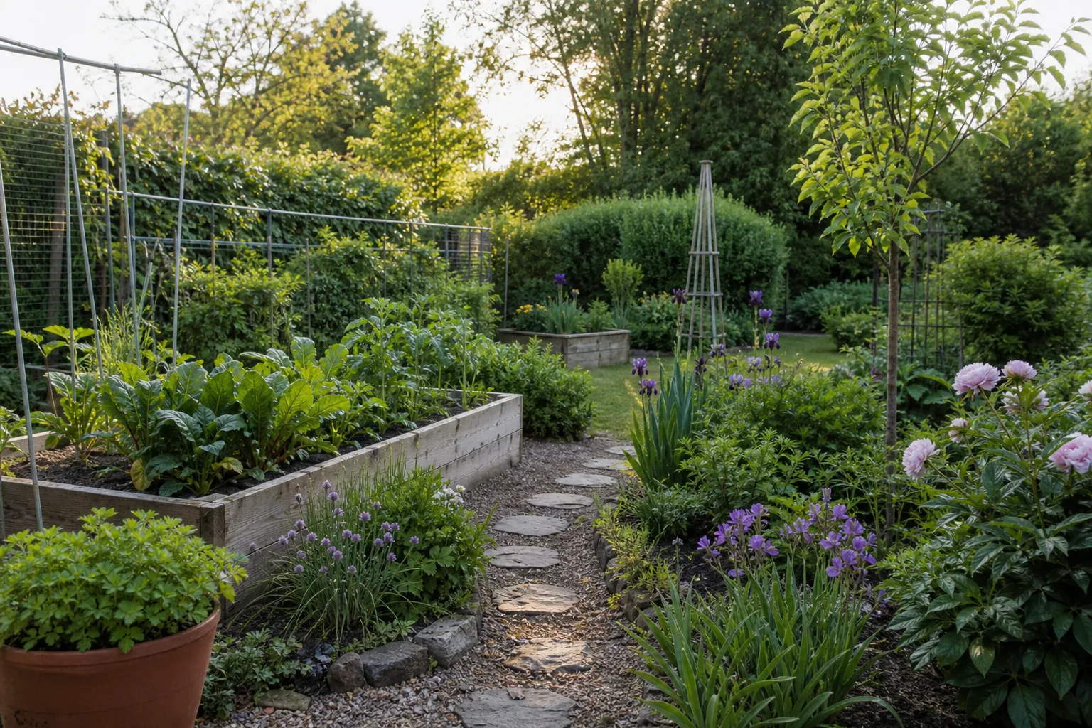 Established home garden with vegetable beds, herbs, flowers, and a young tree