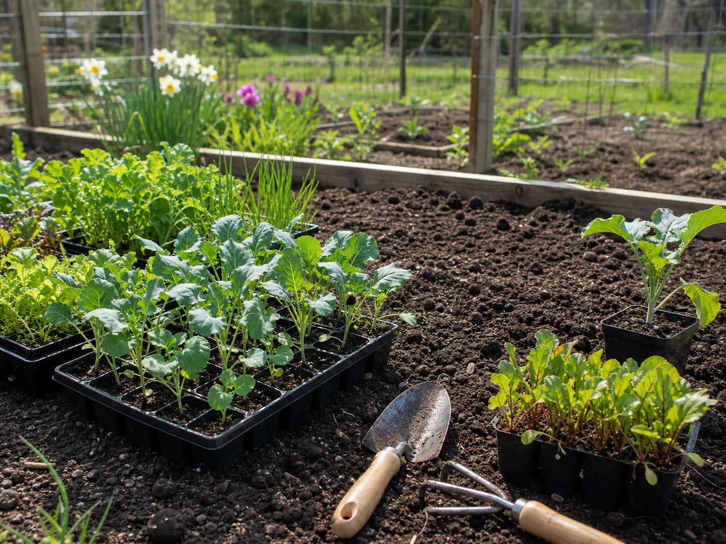 Seedlings growing in a prepared spring garden bed