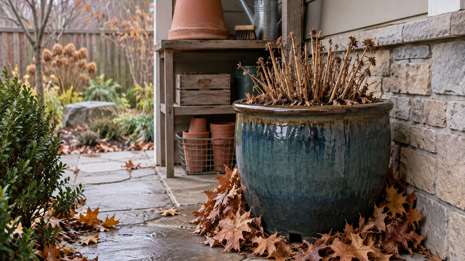 Dormant perennial in a glazed container sheltered beside a house while an empty seasonal pot is stored upside down