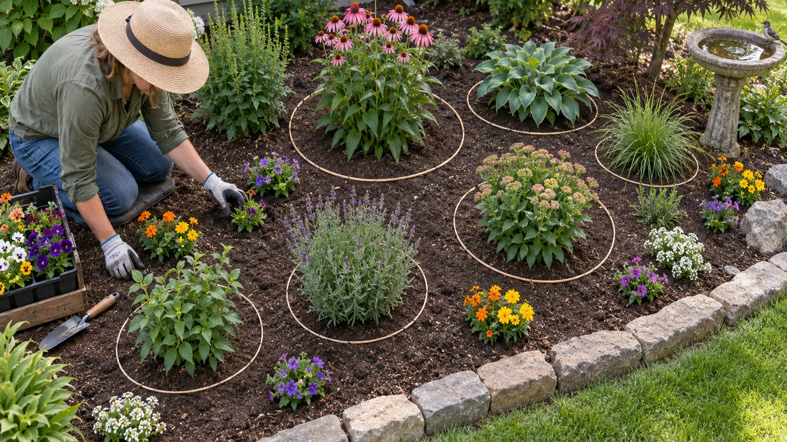 Gardener placing annual flowers outside marked mature footprints around young perennial clumps