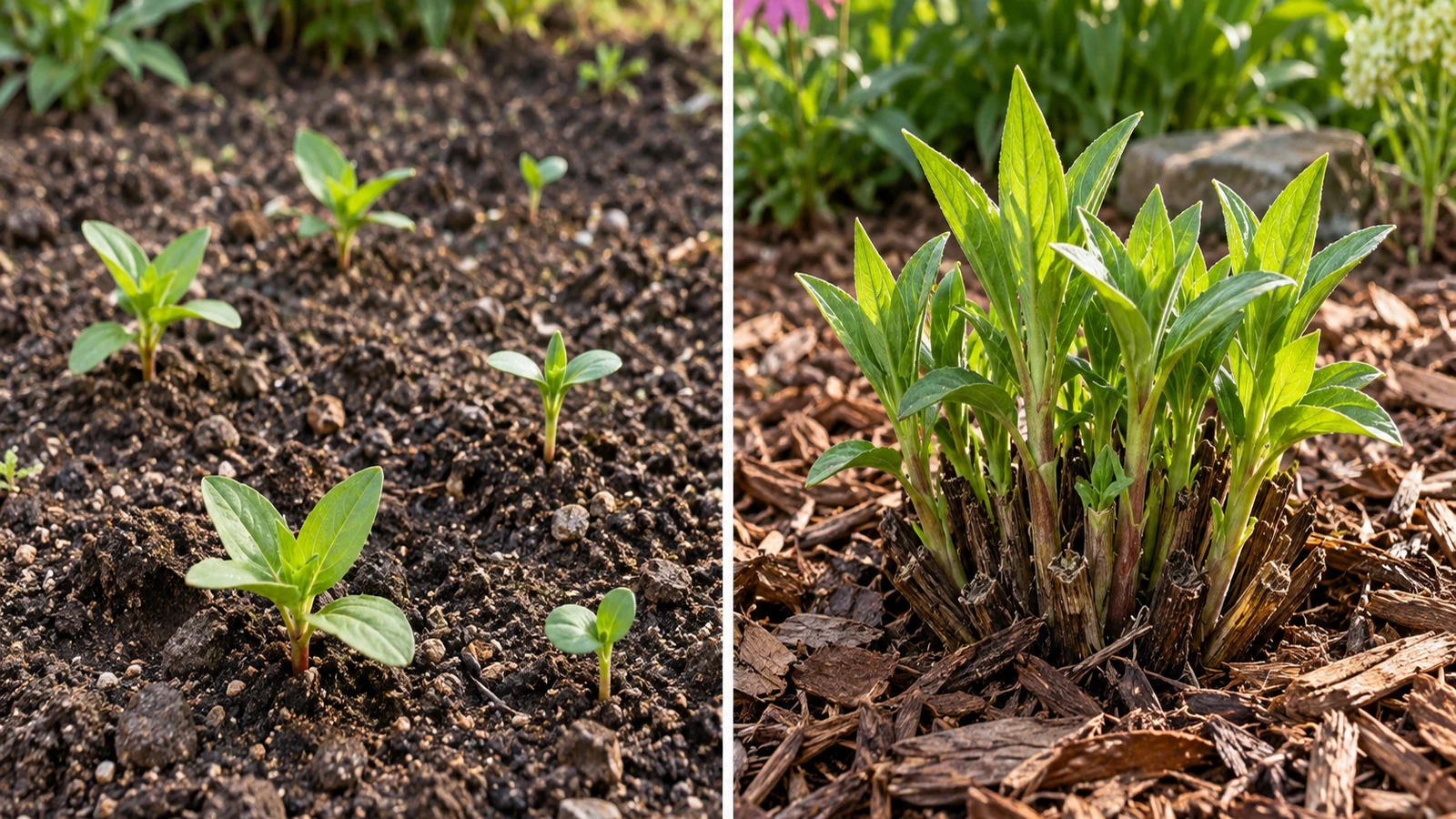 Scattered annual seedlings beside new perennial shoots emerging together from one established crown