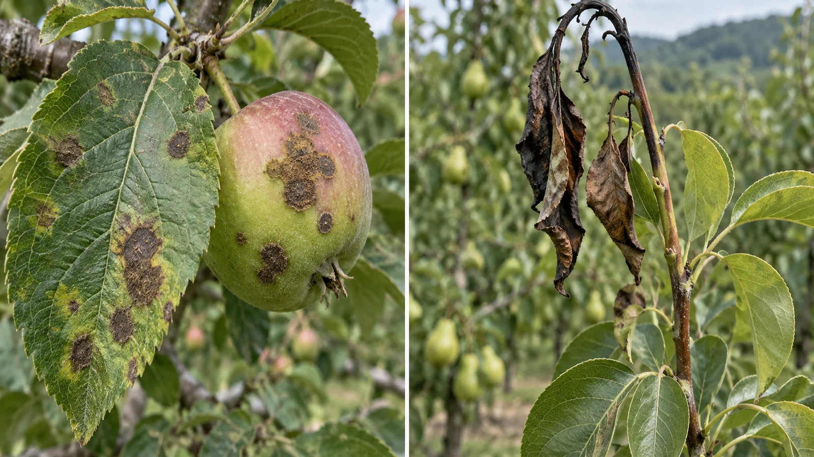 Apple fruit and leaf with scab lesions beside a pear shoot showing a dark shepherd's-crook tip