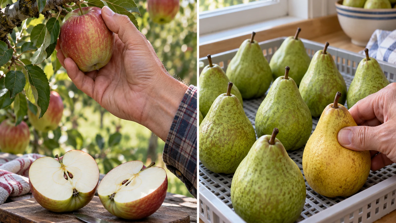 Apple being lifted from a branch beside firm green European pears and one ripened pear on a ventilated tray