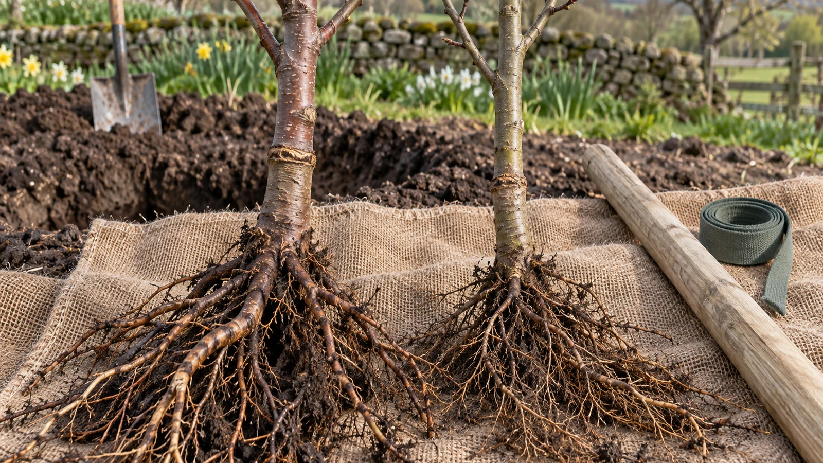 Two bare-root fruit trees with visible graft unions laid beside a stake before planting