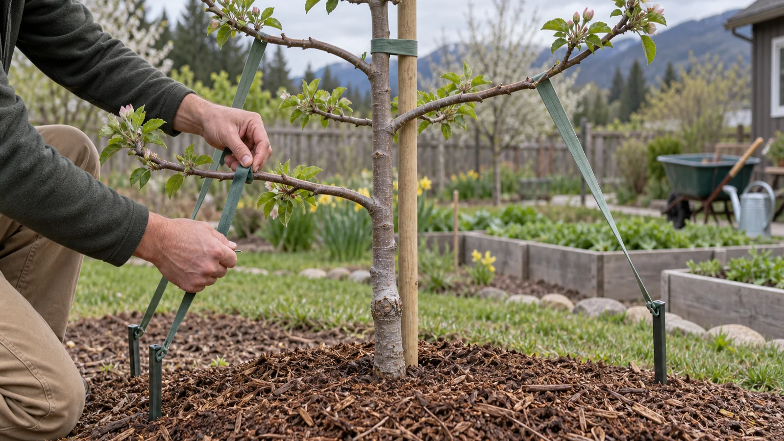 Gardener using broad flexible ties to train scaffold branches on a young fruit tree