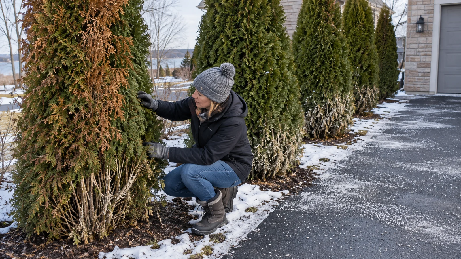 Evergreen boundary showing arborvitae winter burn and deer browse beside a road-salt splash zone