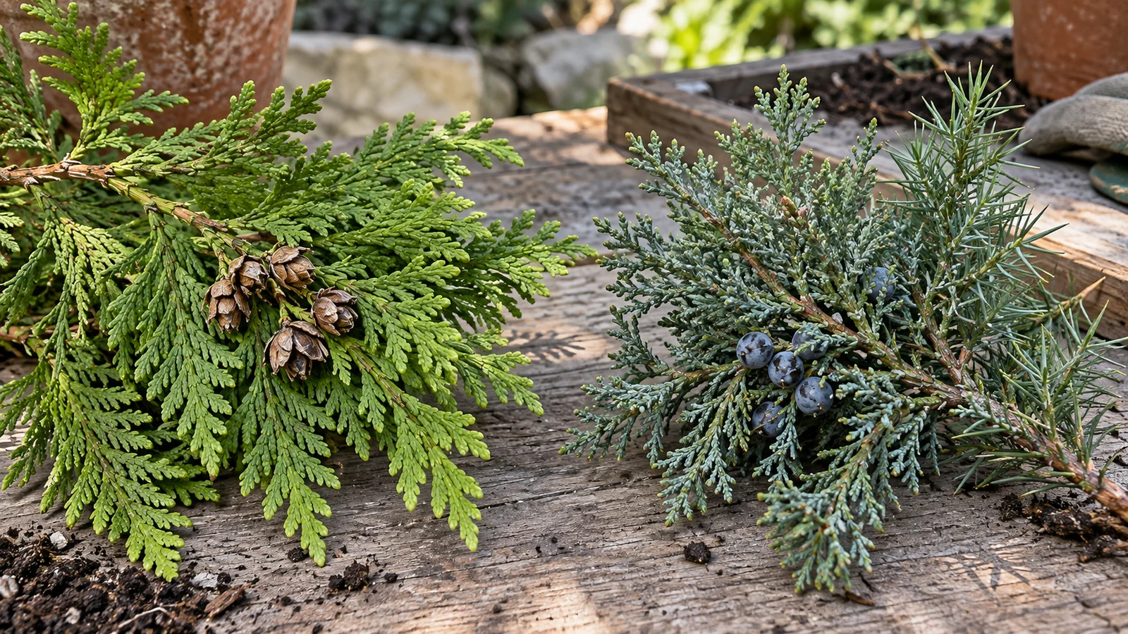 Close comparison of flat arborvitae foliage sprays, juniper scales and needles, and their different cones