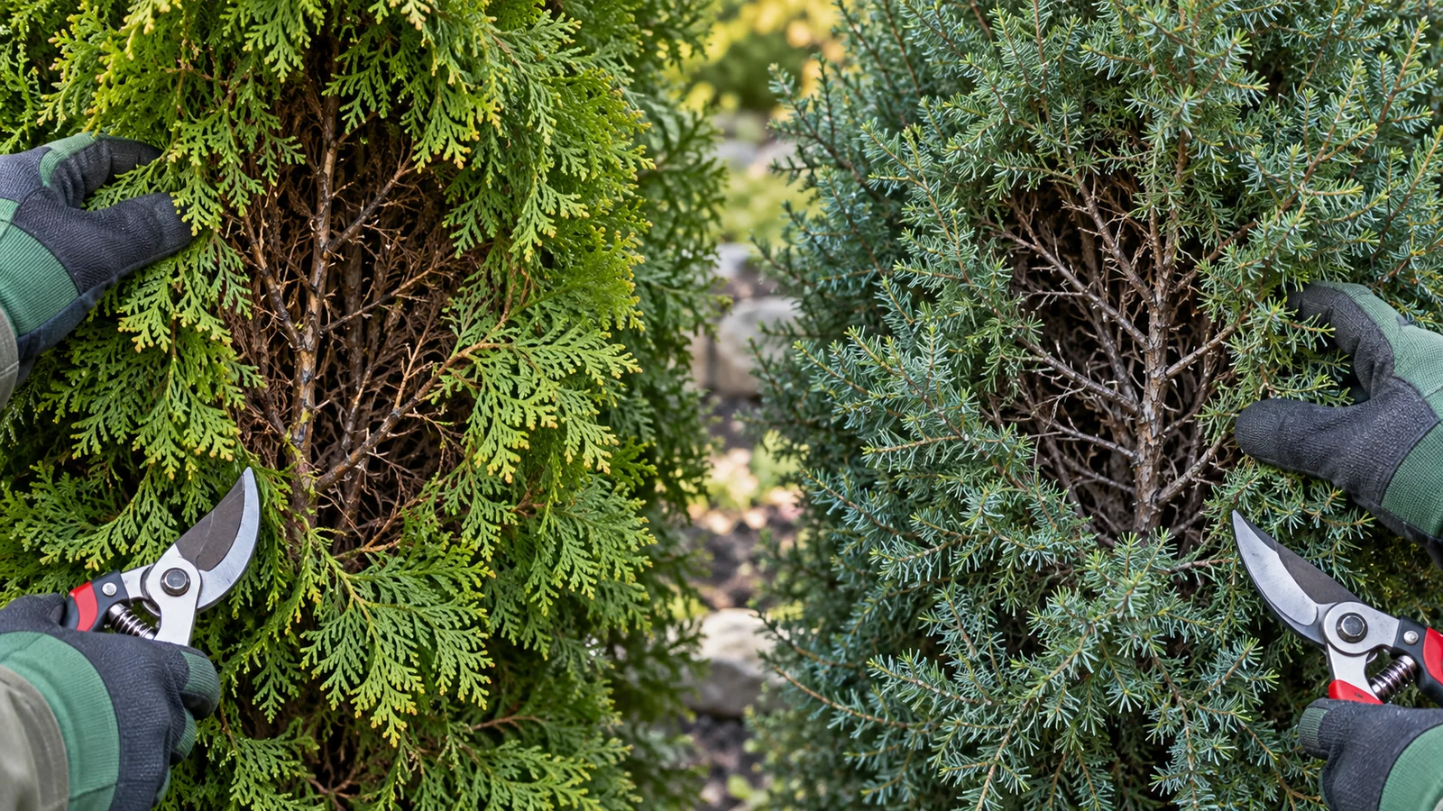 Open arborvitae and juniper branches showing green outer foliage and bare shaded interior wood