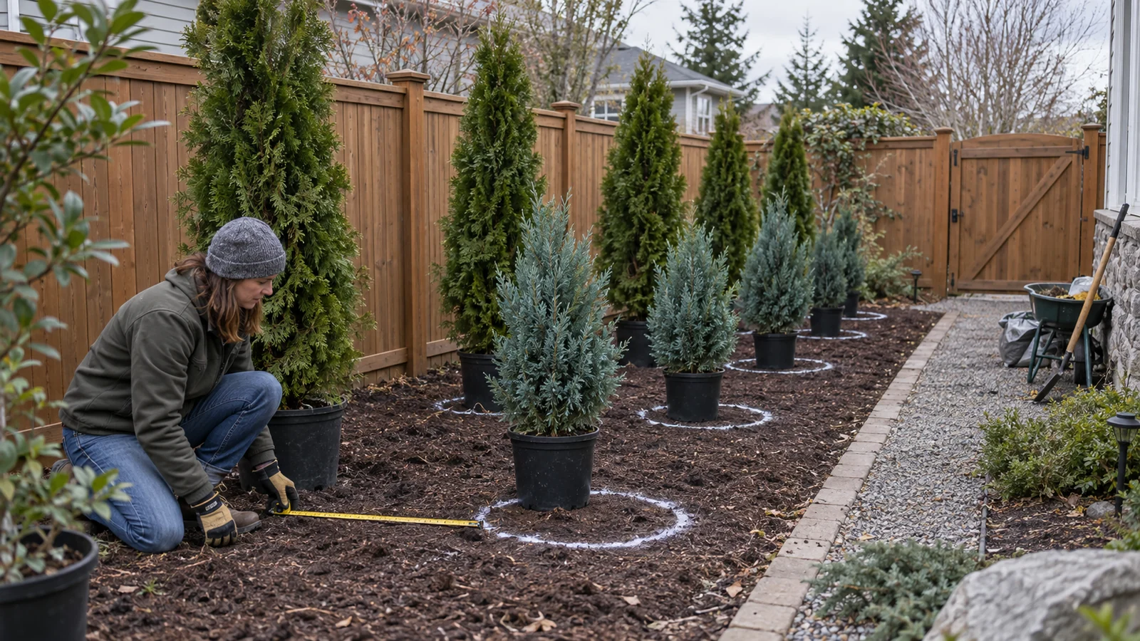 Garden designer marking mature evergreen widths for a staggered privacy screen beside a fence