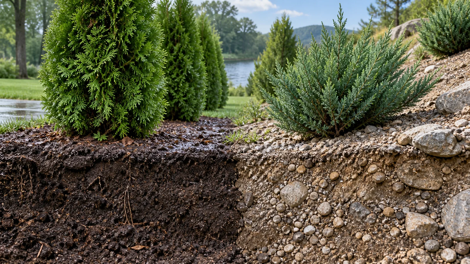 Split landscape showing arborvitae in moist drained loam and juniper on a sunny fast-draining slope