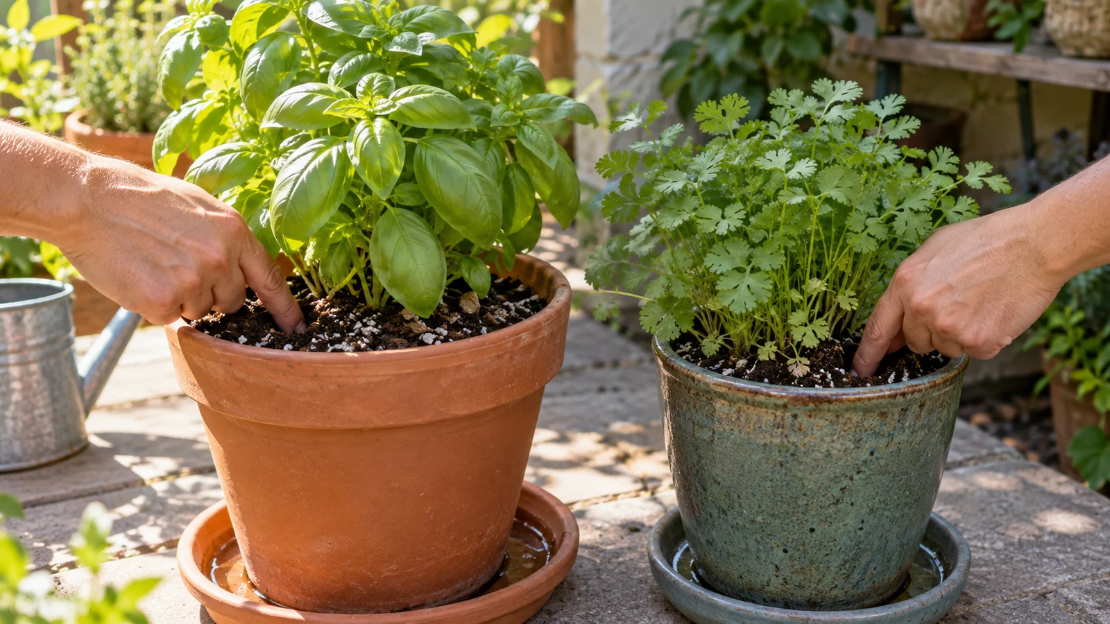 Gardener checking moisture in separate basil and cilantro containers placed for different seasonal light