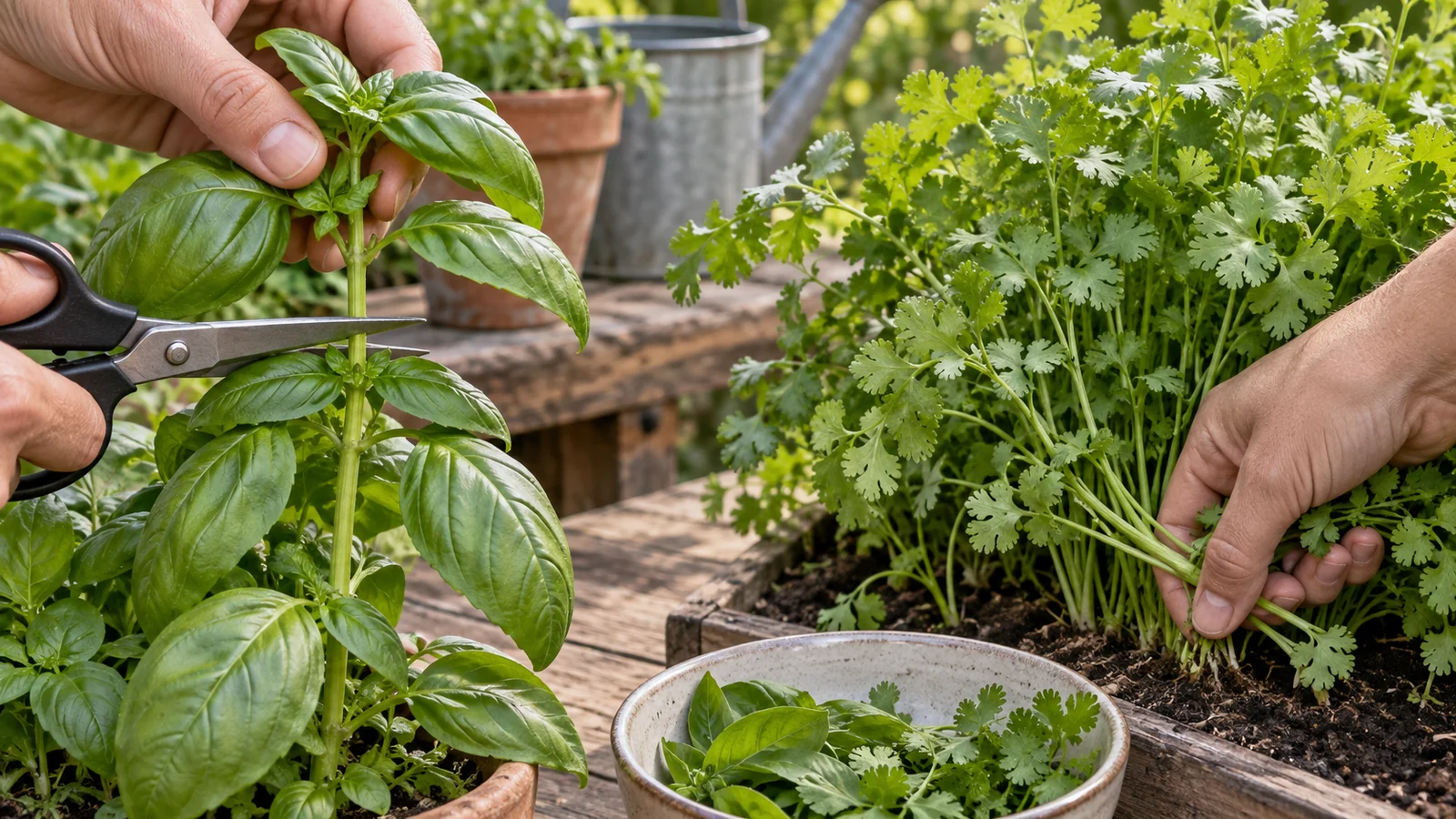 Hand harvesting basil above a leaf pair beside cilantro outer stems being cut near the base