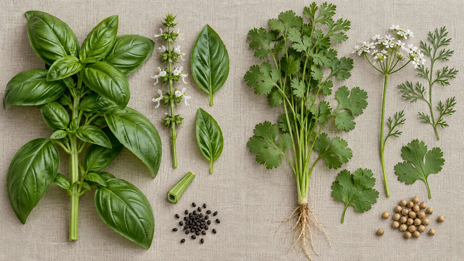 Basil and cilantro leaves, stems, flowers, and seeds arranged side by side for identification