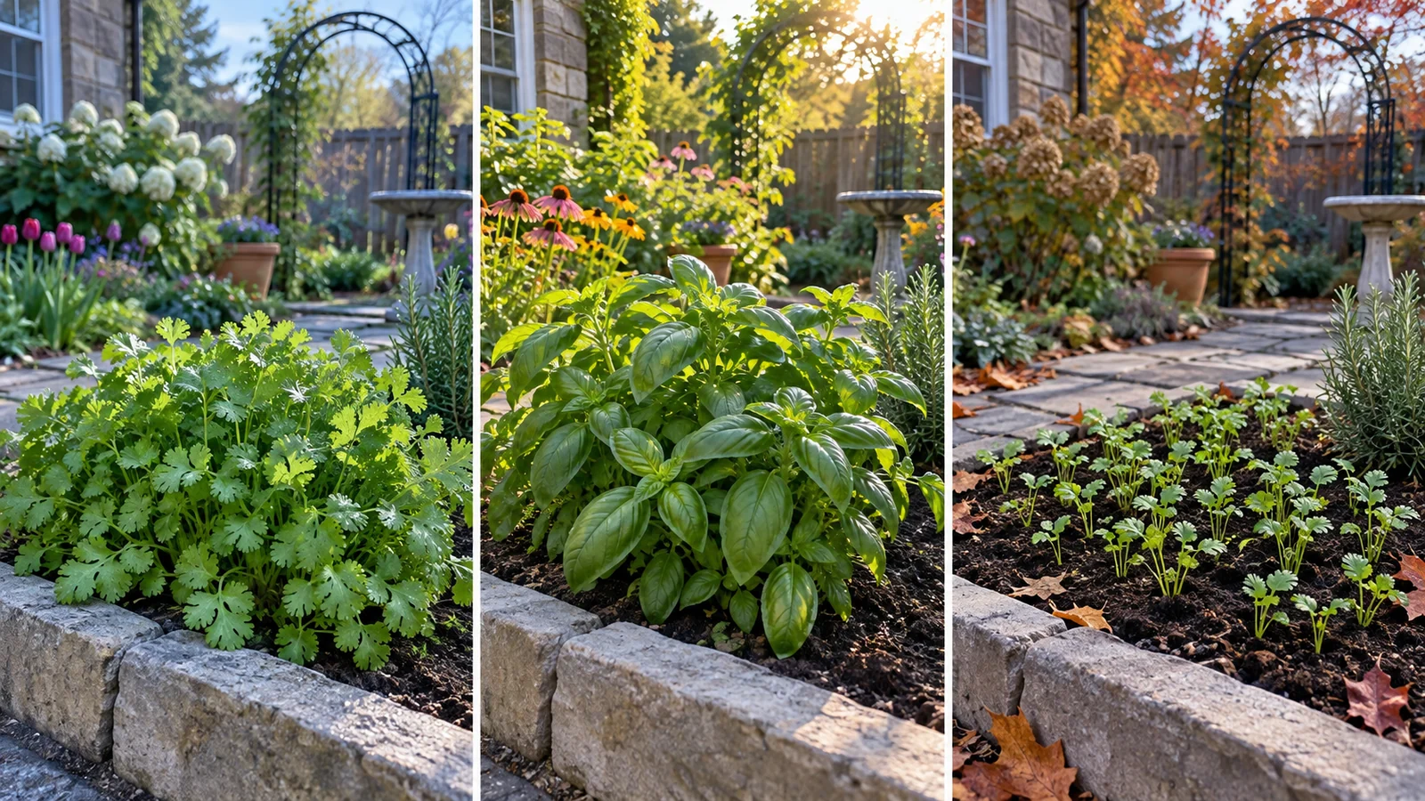 Same herb bed shown with spring cilantro, summer basil, and a fresh fall cilantro sowing
