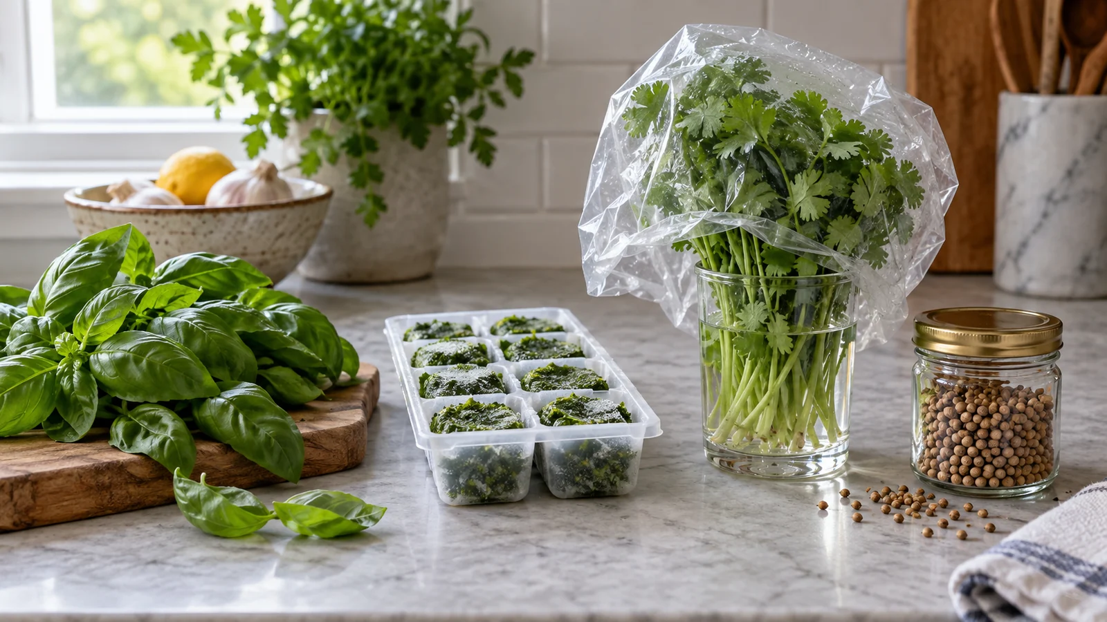 Fresh basil, frozen basil portions, cilantro stems in water, and dry coriander seeds prepared for storage
