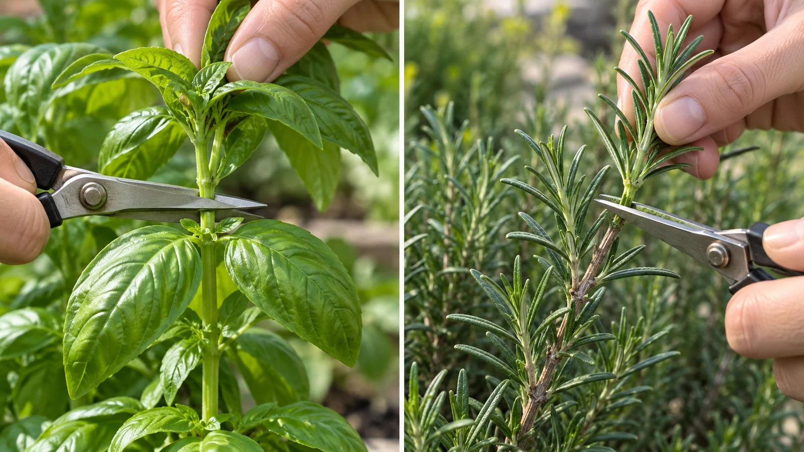 Scissors cutting basil above a leaf pair and taking a green rosemary tip above leafy growth