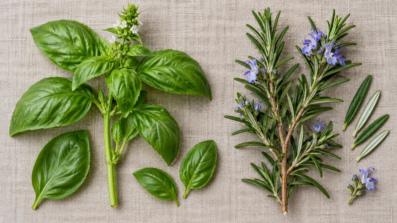 Broad basil leaves and soft stems beside narrow rosemary leaves on woody stems