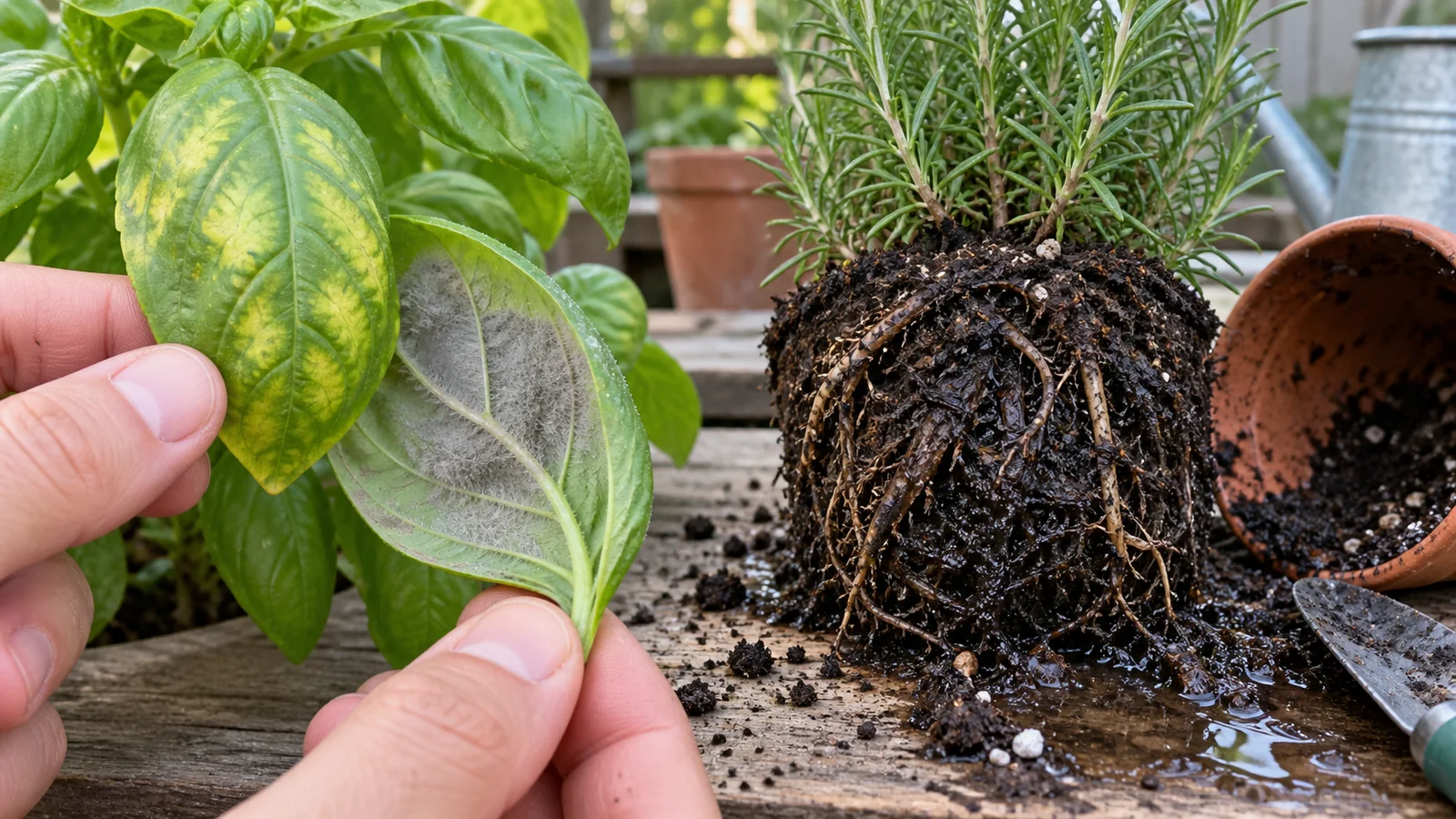 Basil leaf with downy mildew symptoms beside rosemary roots damaged by saturated potting mix