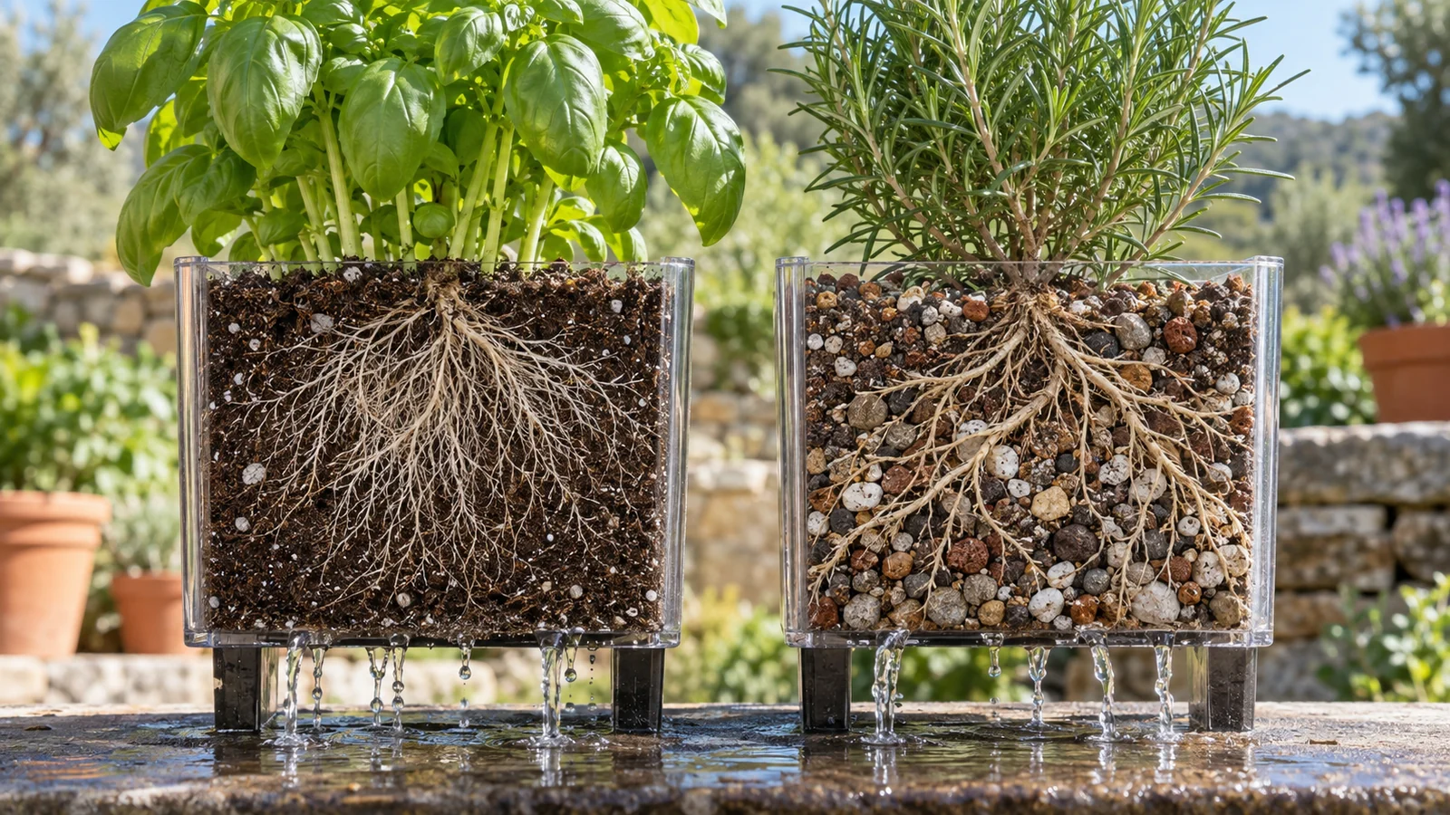 Cutaway containers showing evenly moist basil mix and a coarser drained rosemary root zone