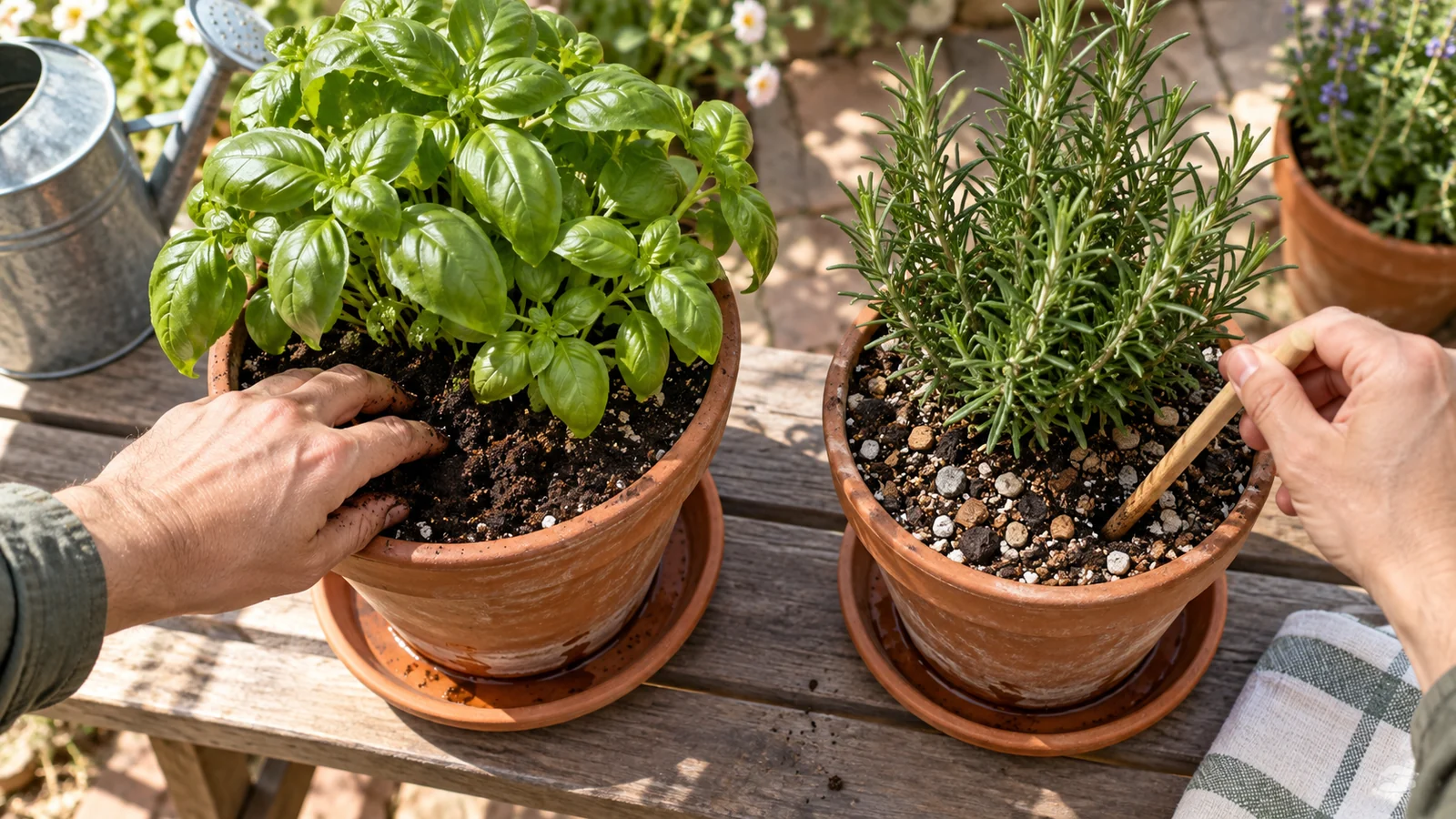 Basil and rosemary in separate containers while a gardener checks each root zone