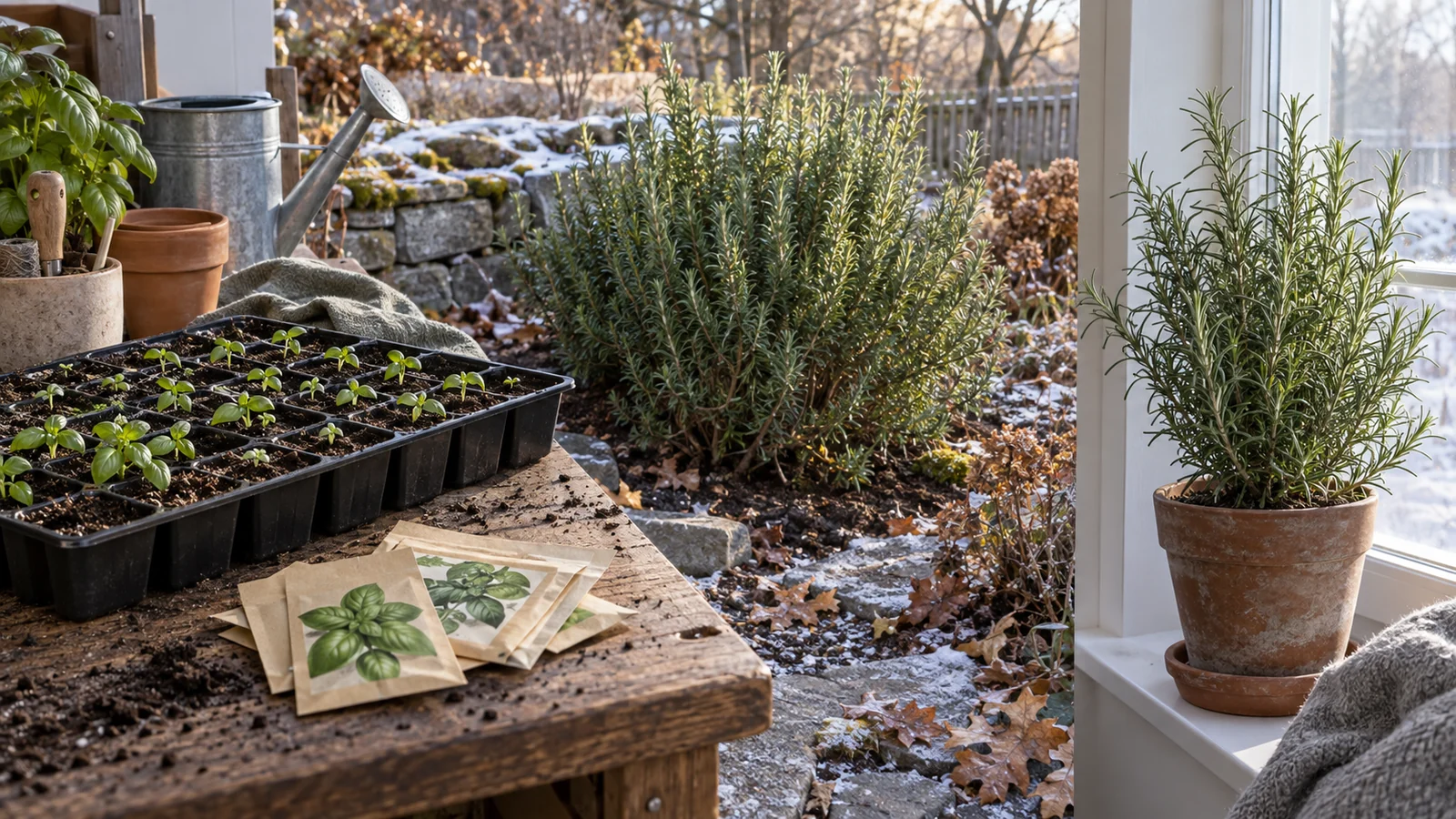 Basil seed tray beside rosemary shown in a protected outdoor bed and a bright indoor pot