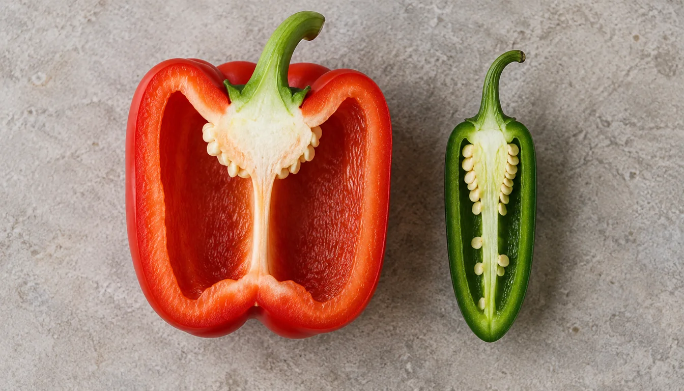 Cut bell pepper and jalapeno showing wall thickness, hollow cavity, pale ribs, and seeds