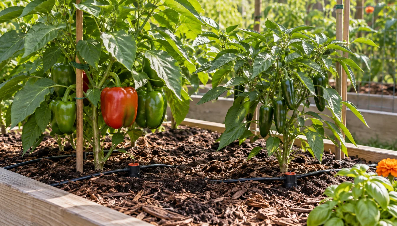 Bell pepper and jalapeno plants sharing a warm mulched bed with drip emitters at each root zone