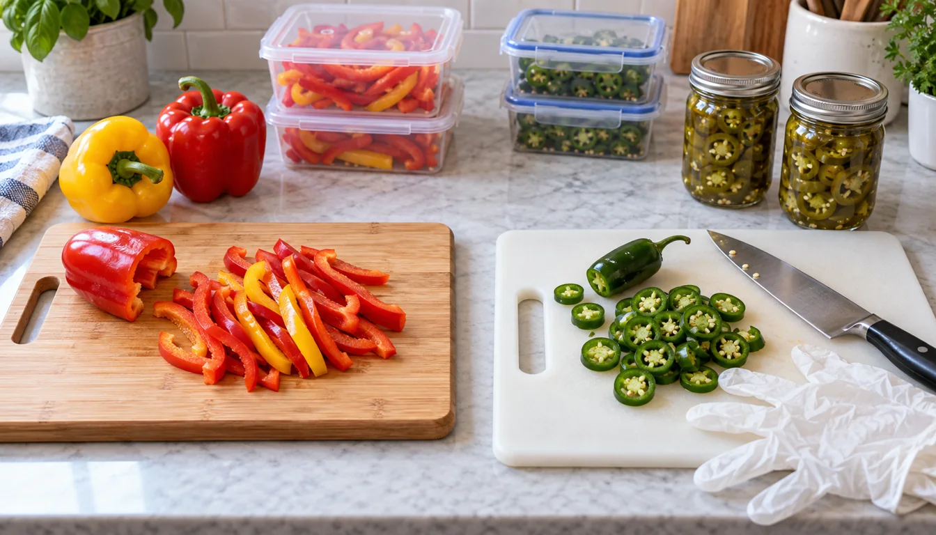 Separate cutting boards for bell pepper and jalapeno, with gloves, storage containers, and jars of pepper rings