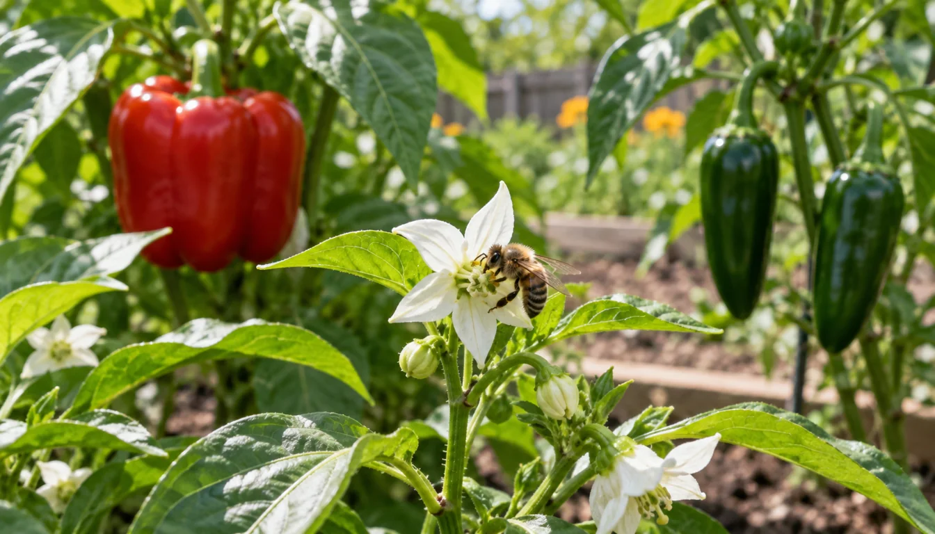 Bee visiting bell pepper and jalapeno flowers while distinct fruit remains on each parent plant