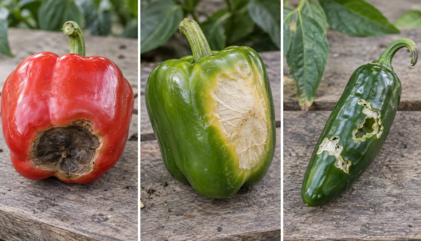 Pepper fruit showing blossom-end rot, sunscald, and chewing damage as separate diagnostic patterns