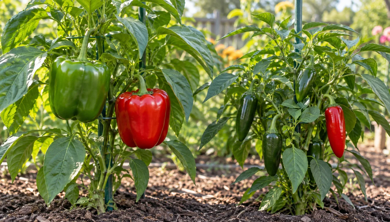 Full-sized green and ripe bell peppers beside dark green and red jalapenos on healthy plants