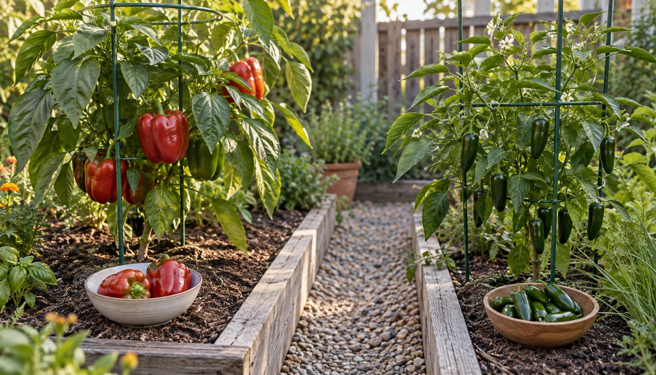 Supported bell pepper and jalapeno plants with harvest bowls arranged by realistic kitchen portions