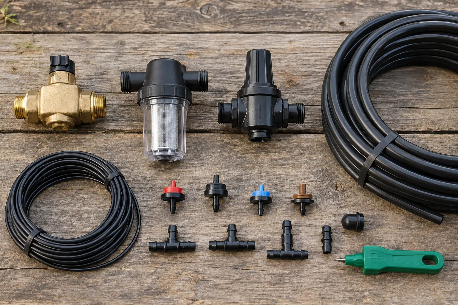 Filter, pressure regulator, drip tubing, emitters, connectors, end closure, and tubing punch arranged on a workbench