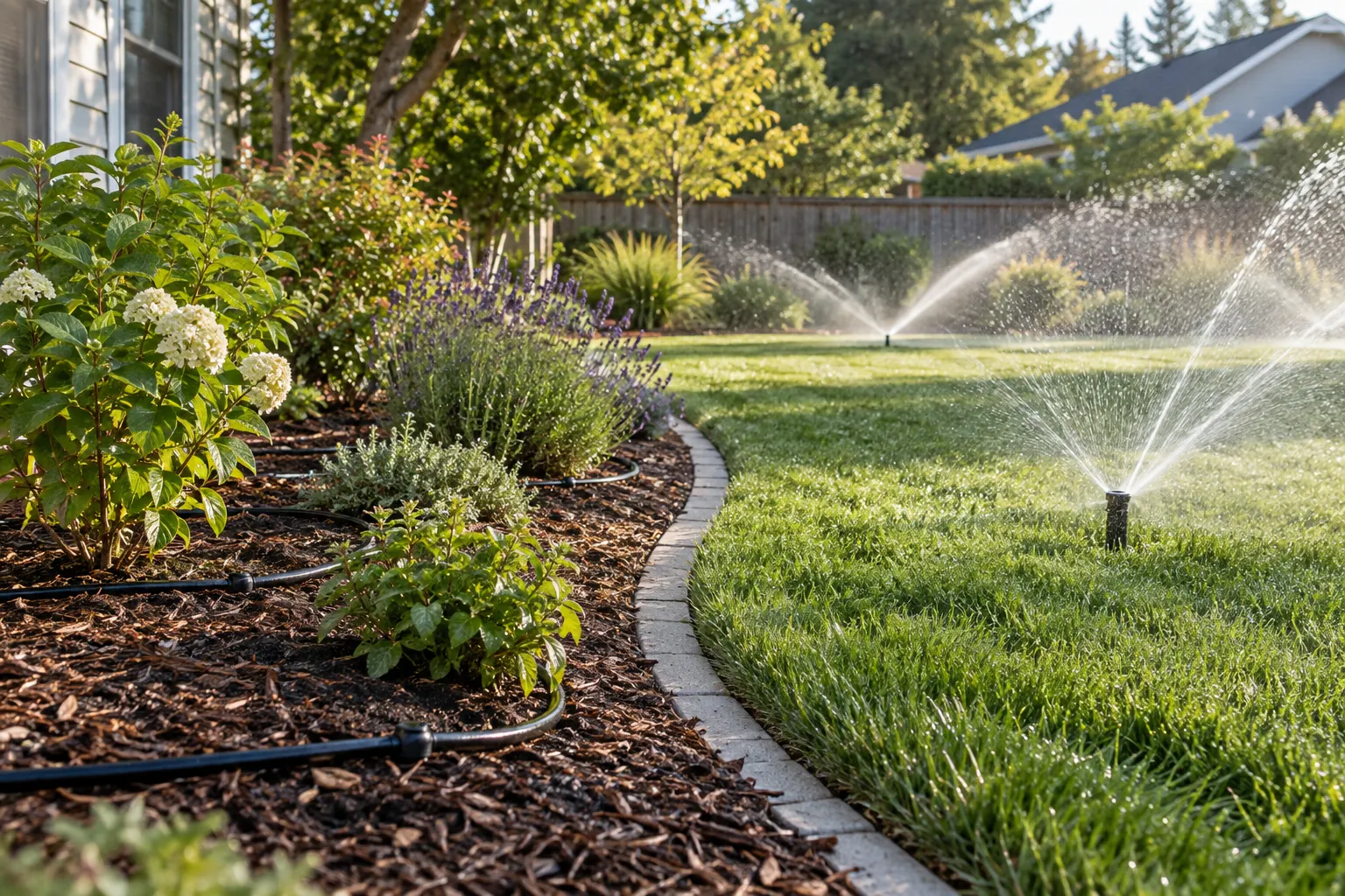 Dripline watering a mulched planting bed beside sprinklers covering an adjacent lawn