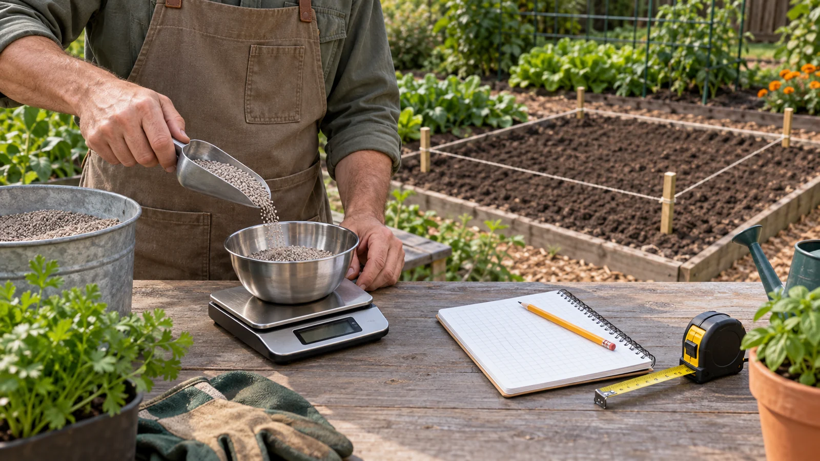 Gardener weighing granular fertilizer on a digital scale beside a measured garden-bed plot