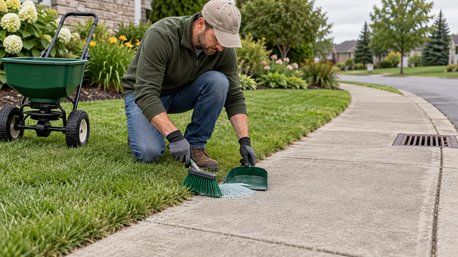 Gardener sweeping spilled fertilizer granules from a concrete walk beside a lawn and storm drain
