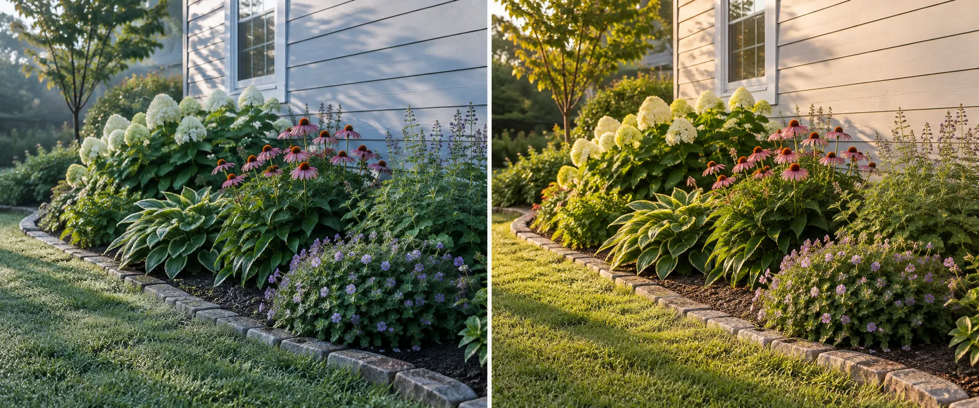 The same perennial bed shown in cool morning light and warmer late-afternoon light
