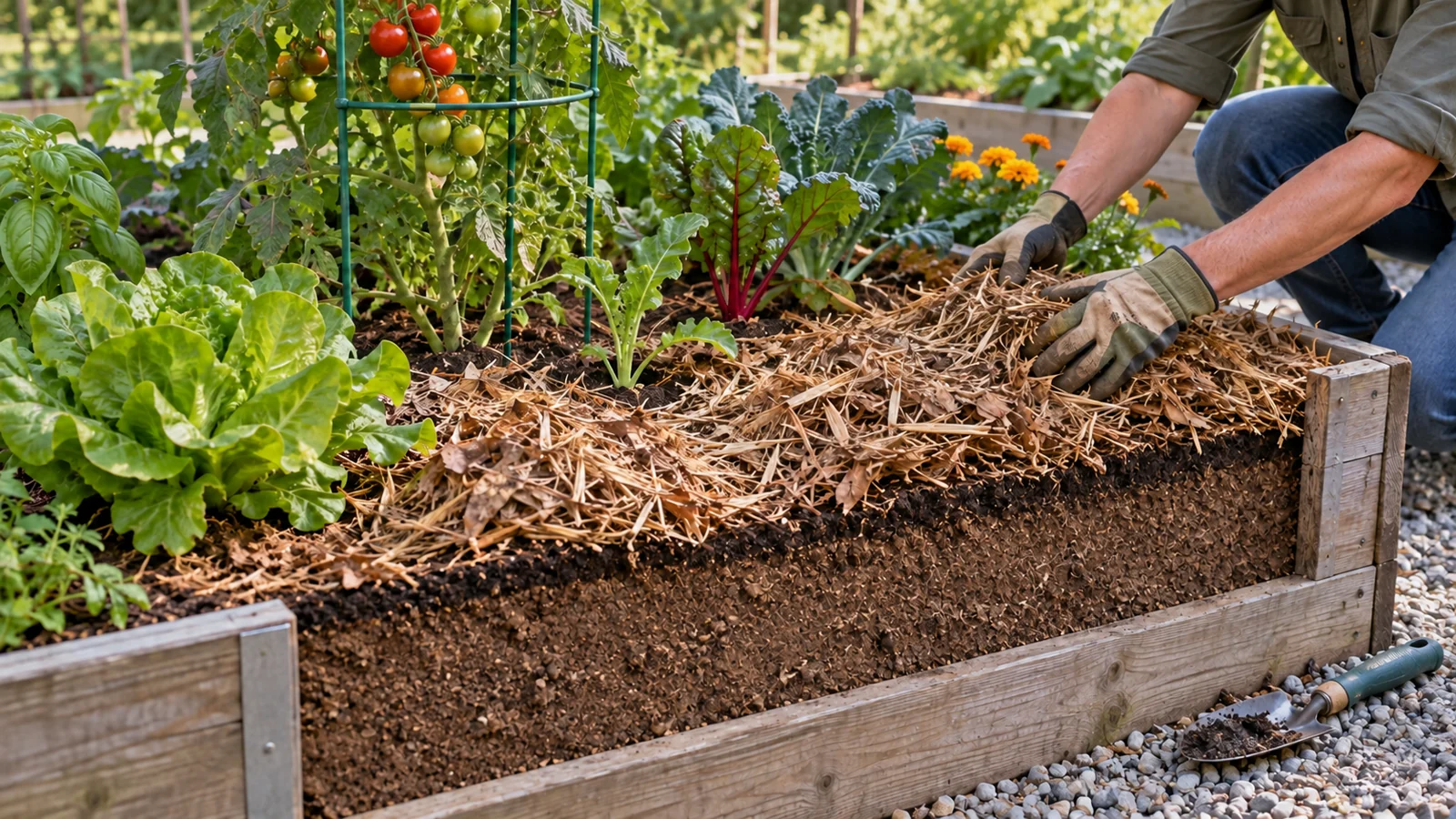 Raised vegetable bed showing a thin dark compost topdressing beneath a coarser straw and leaf mulch