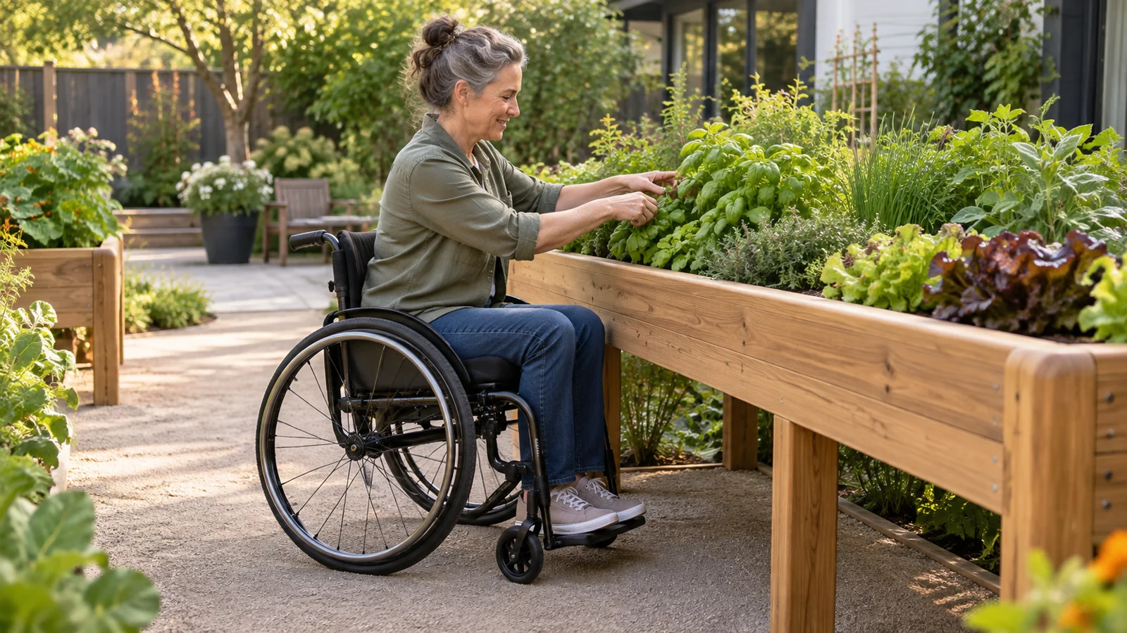 Wheelchair user tending herbs in a narrow elevated bed with knee clearance and a firm wide path