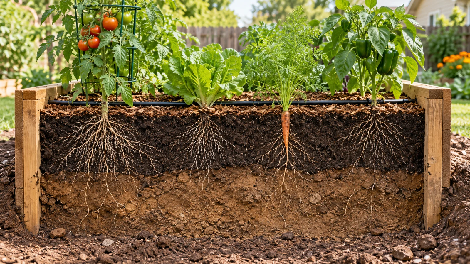Open-bottom raised bed cutaway with vegetable roots crossing from dark bed mix into lighter native soil