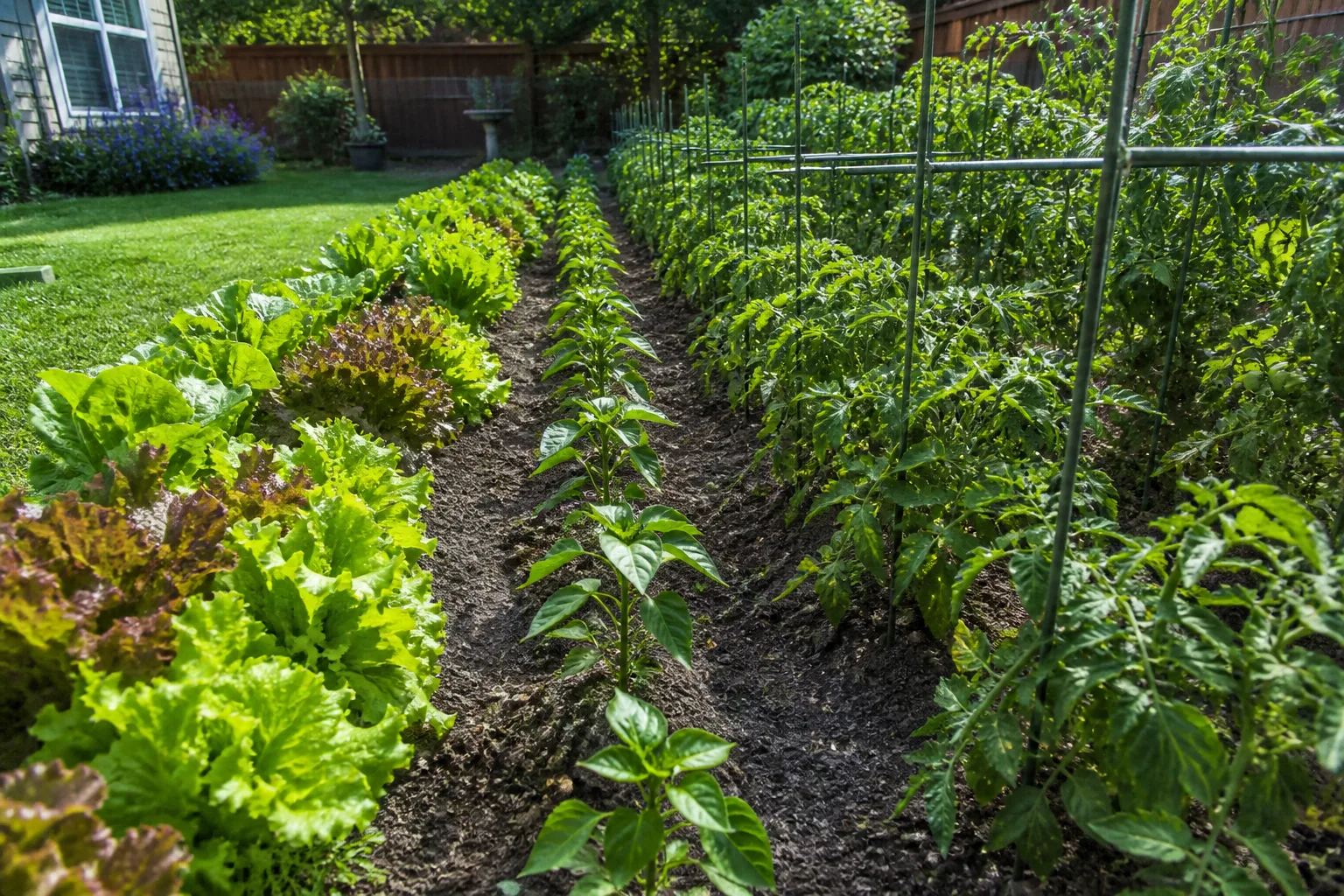 A traditional in-ground vegetable garden with straight rows planted directly at soil grade