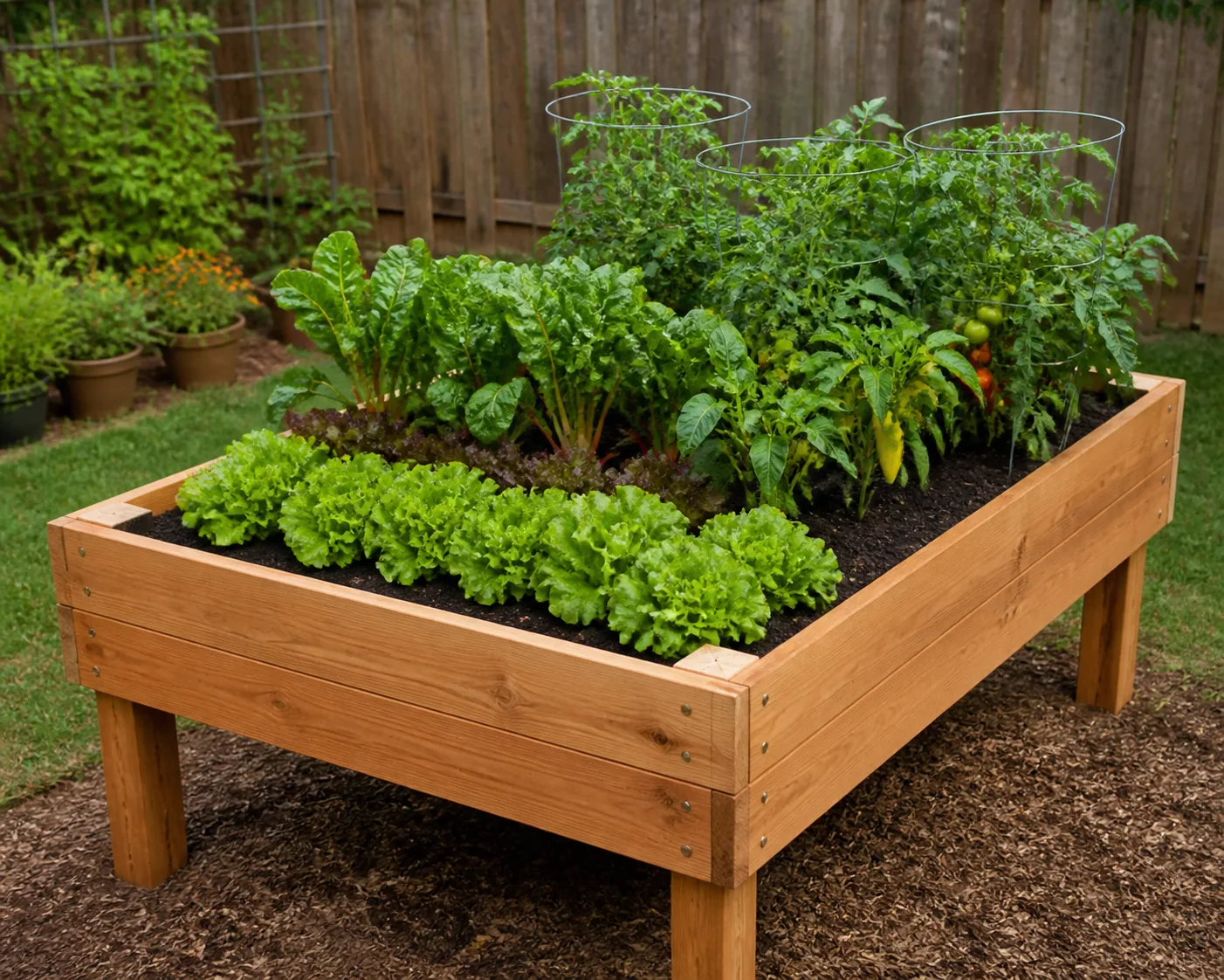 An elevated wooden raised garden bed on legs, filled with dark soil and healthy vegetables